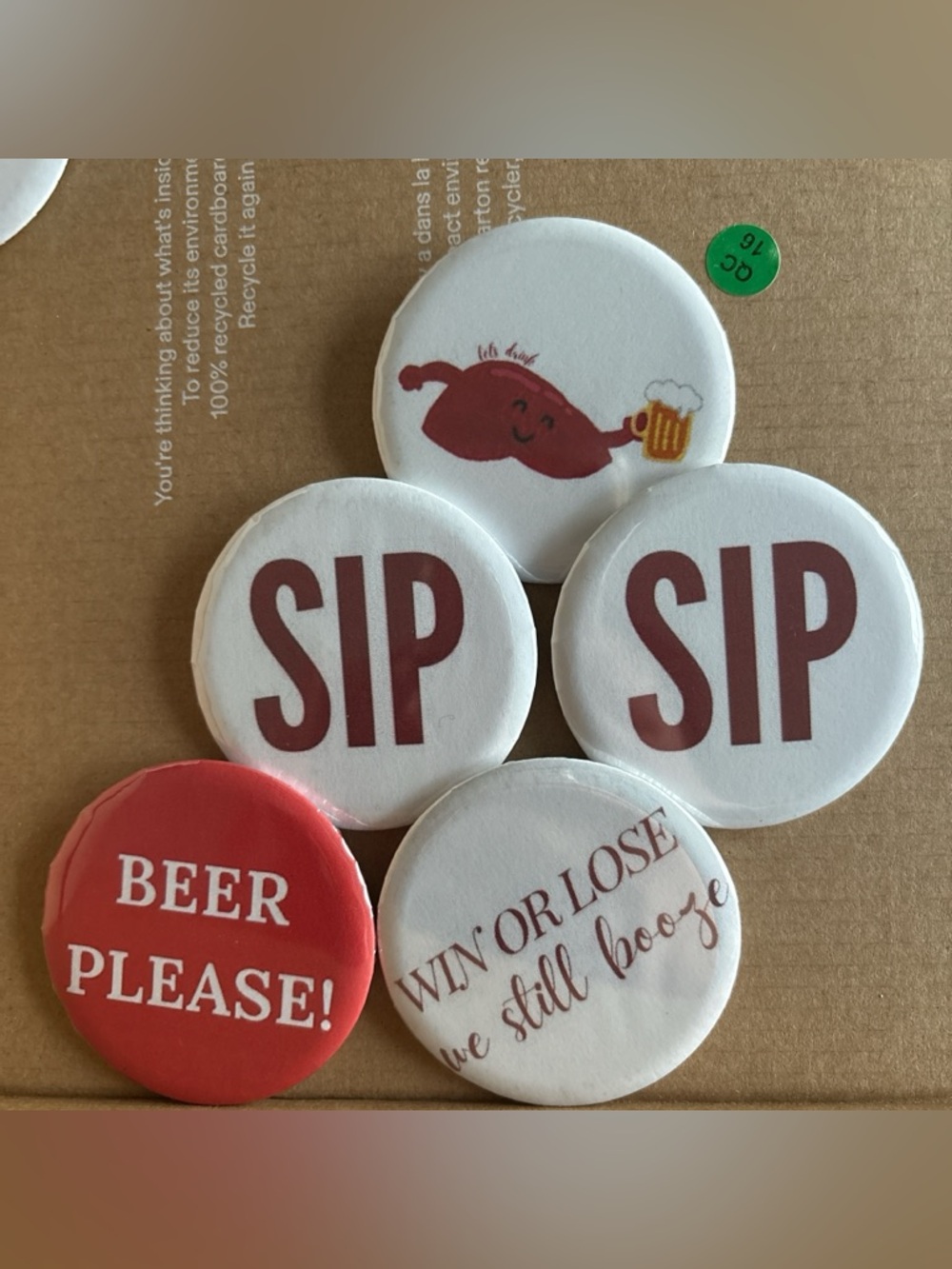 Set of 5 Fun Beer-Themed Button Pins - White & Red